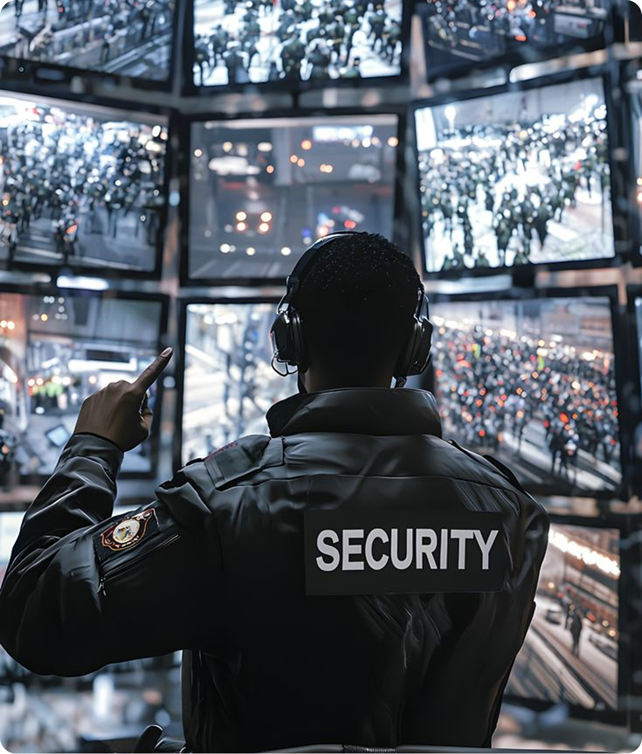Security officer monitoring surveillance displays