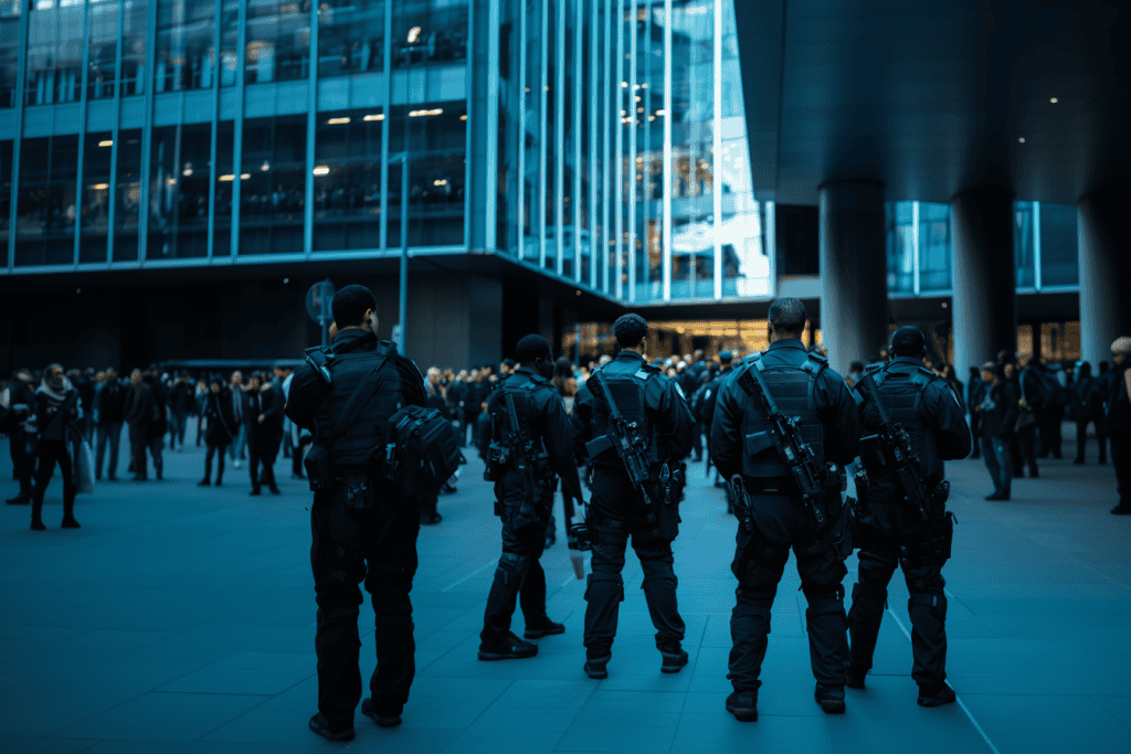 A group of five heavily armed security officers stands in a city square with modern glass buildings and a crowd of people in the background. The officers, provided by a top-tier Security Company in Los Angeles County, are dressed in tactical gear and positioned in a semi-circle formation.