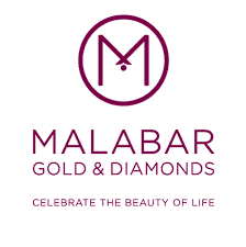 Logo of Malabar Gold & Diamonds. The design features a maroon circular outline encompassing a stylized letter 'M' with a dot below its center, symbolizing security services. Below the circle, the text reads "MALABAR GOLD & DIAMONDS" with "CELEBRATE THE BEAUTY OF LIFE" in smaller font underneath.