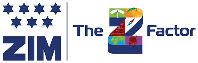 Blue ZIM logo with nine stars on the left, and the text "The Z Factor" on the right. The letter "Z" is filled with colorful images, including fruit, maps, scientific symbols, and a nod to Security Services Orange County.
